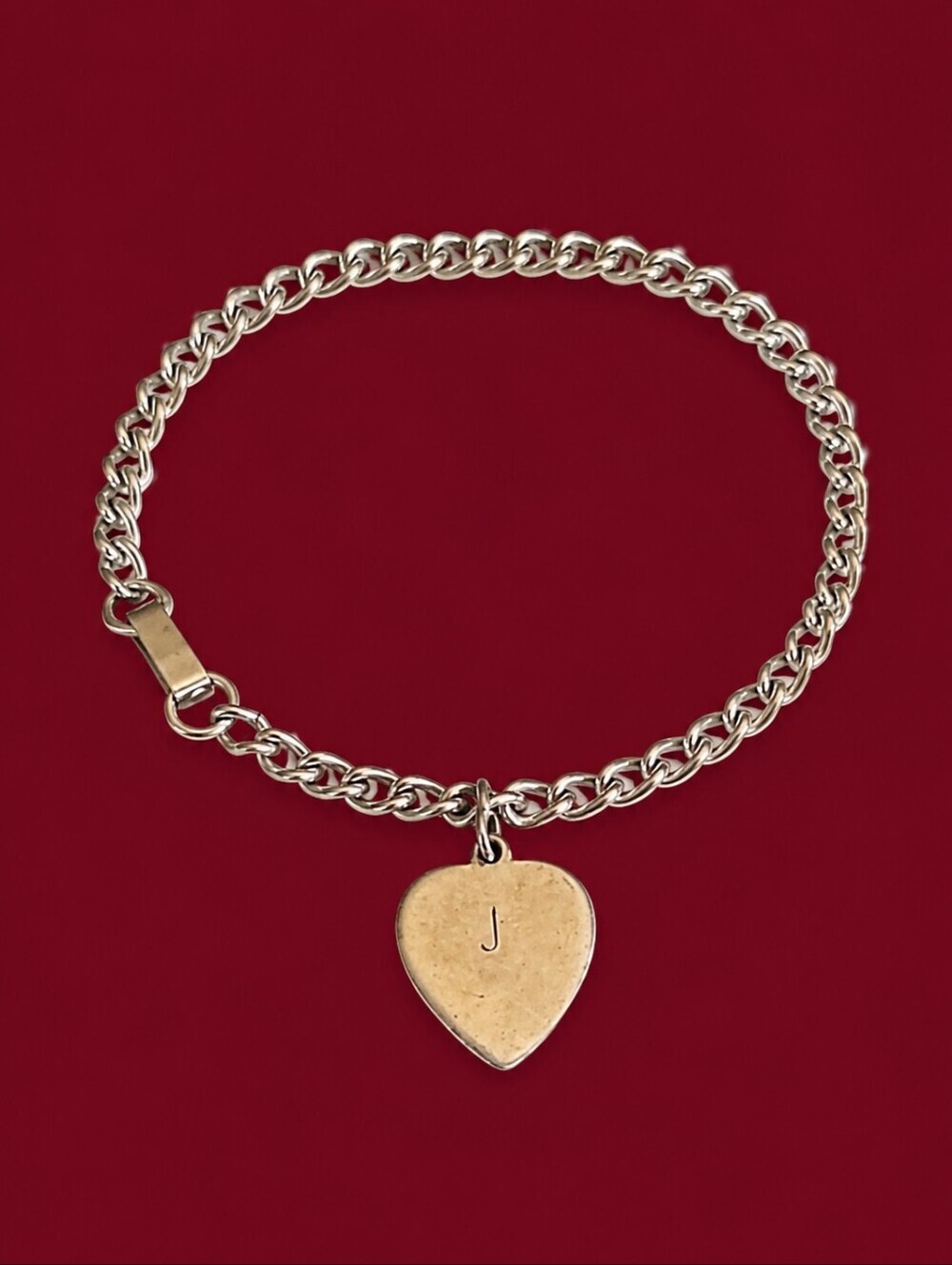 Vtg 1980s Dainty Silvertone Initial J Heart Charm Chain Bracelet